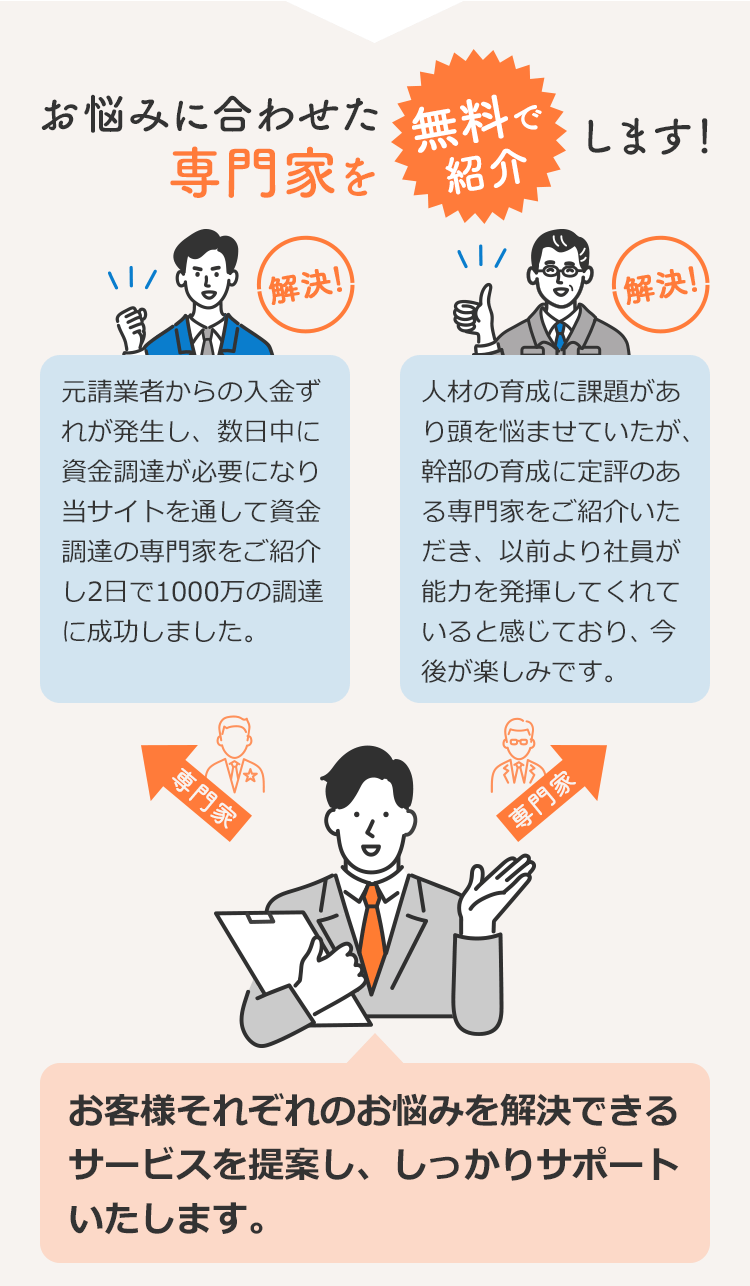 お悩みに合わせた専門家を無料で紹介します！